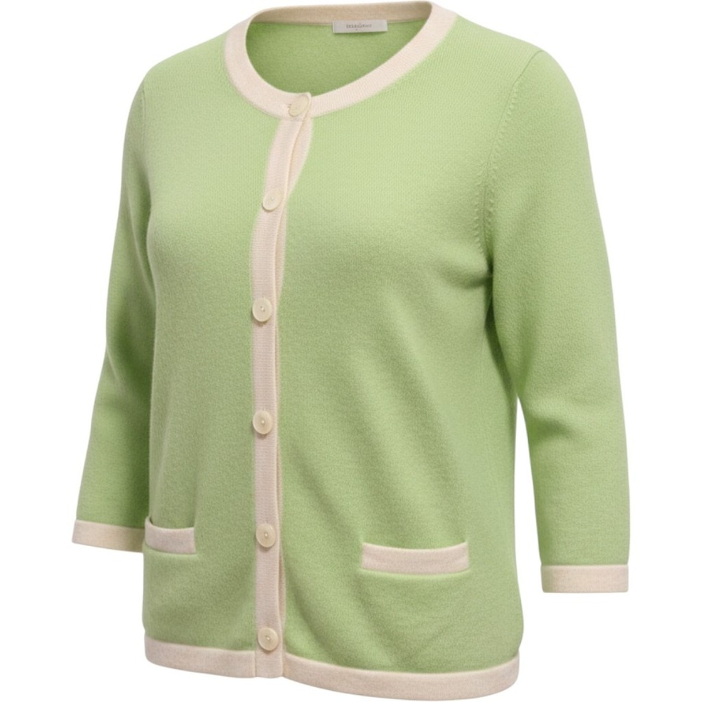 Charter Club Cashmere Cardigan Womens L Lime Green‎ Contrast Trim Button Up